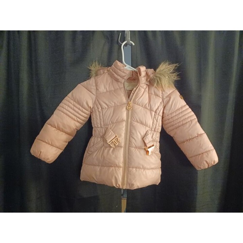 Michael Kors rose gold puffer belted jacket with hood Girls Size 4t
